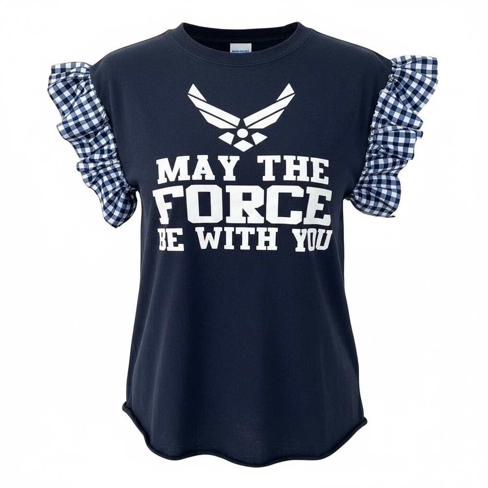 US Air Force May The Force Be With You Navy Blue Gingham Ruffle Sleeve T-Shirt